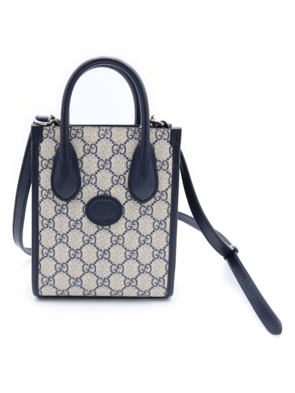 Gucci Interlocking 2-Way Mini Tote Shoulder Bag Navy Leather Silver